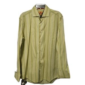 R. Lewis Button Down Shirt Men 16.5 34/35 Green Yellow Striped French Cuff Retro